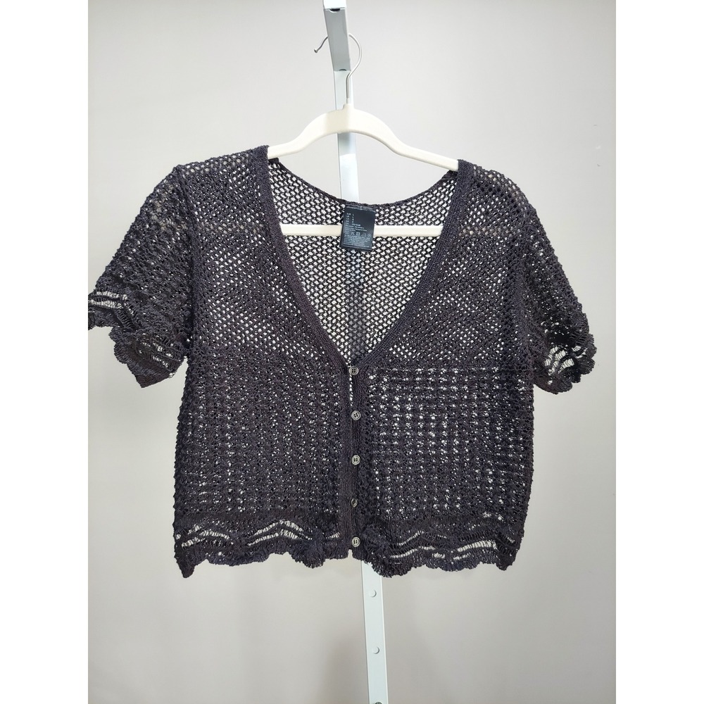 Boho Open Knit Crochet Button Front Short Sleeve Cardigan L Whimsigoth Y2K Fairy